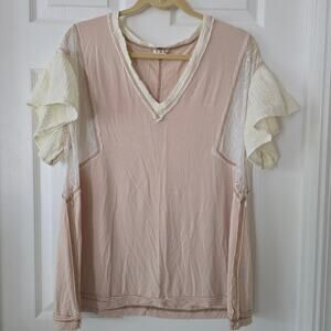 POL Almond Relaxed Fit Ruffle Lace Mix Knit Short Sleeve V-Neck Jersey Top